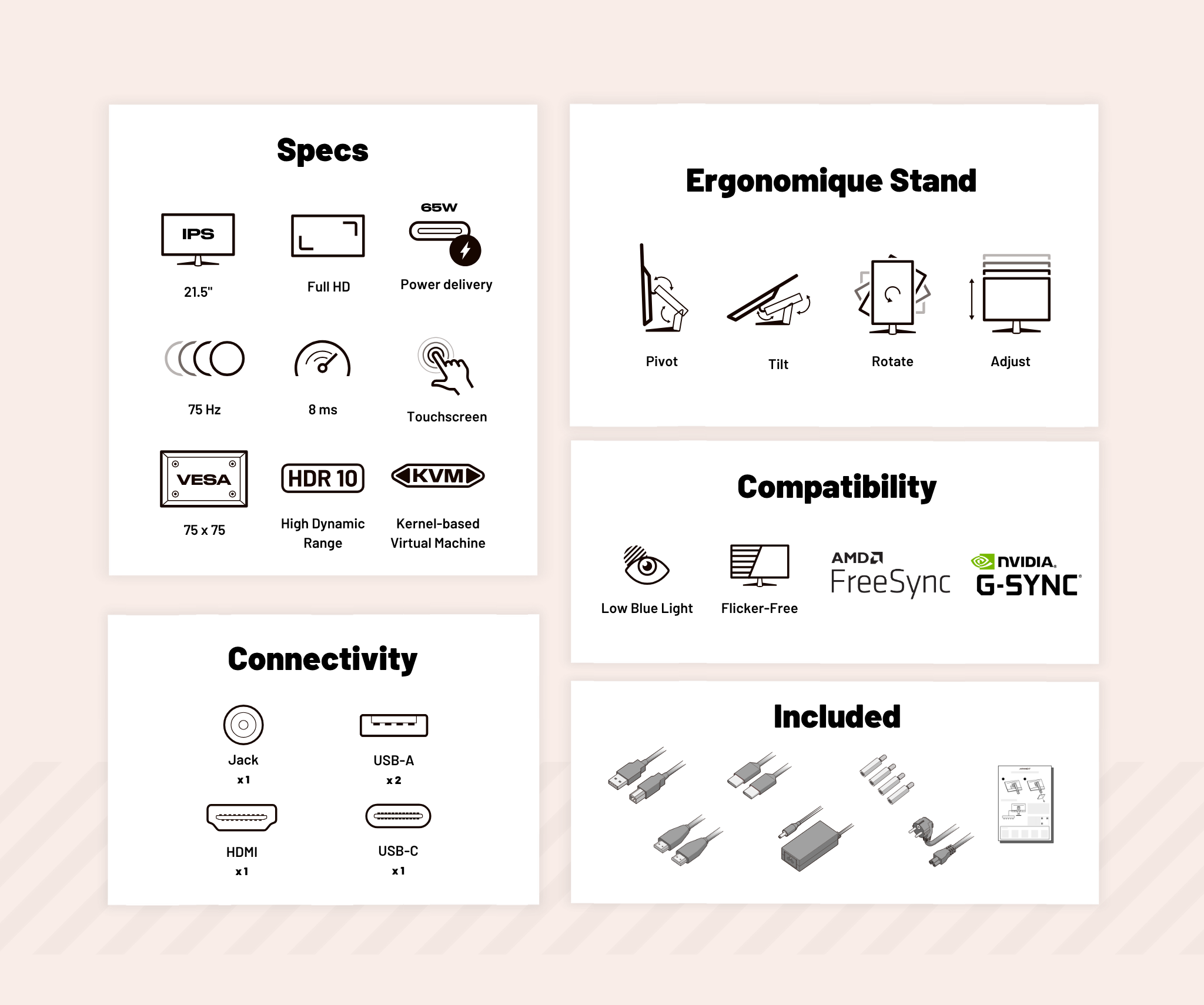 Monitor de oficina | 21,5" | FHD | Táctil | KVM | Entrega de potencia de 65 W | Soporte articulado ergonómico