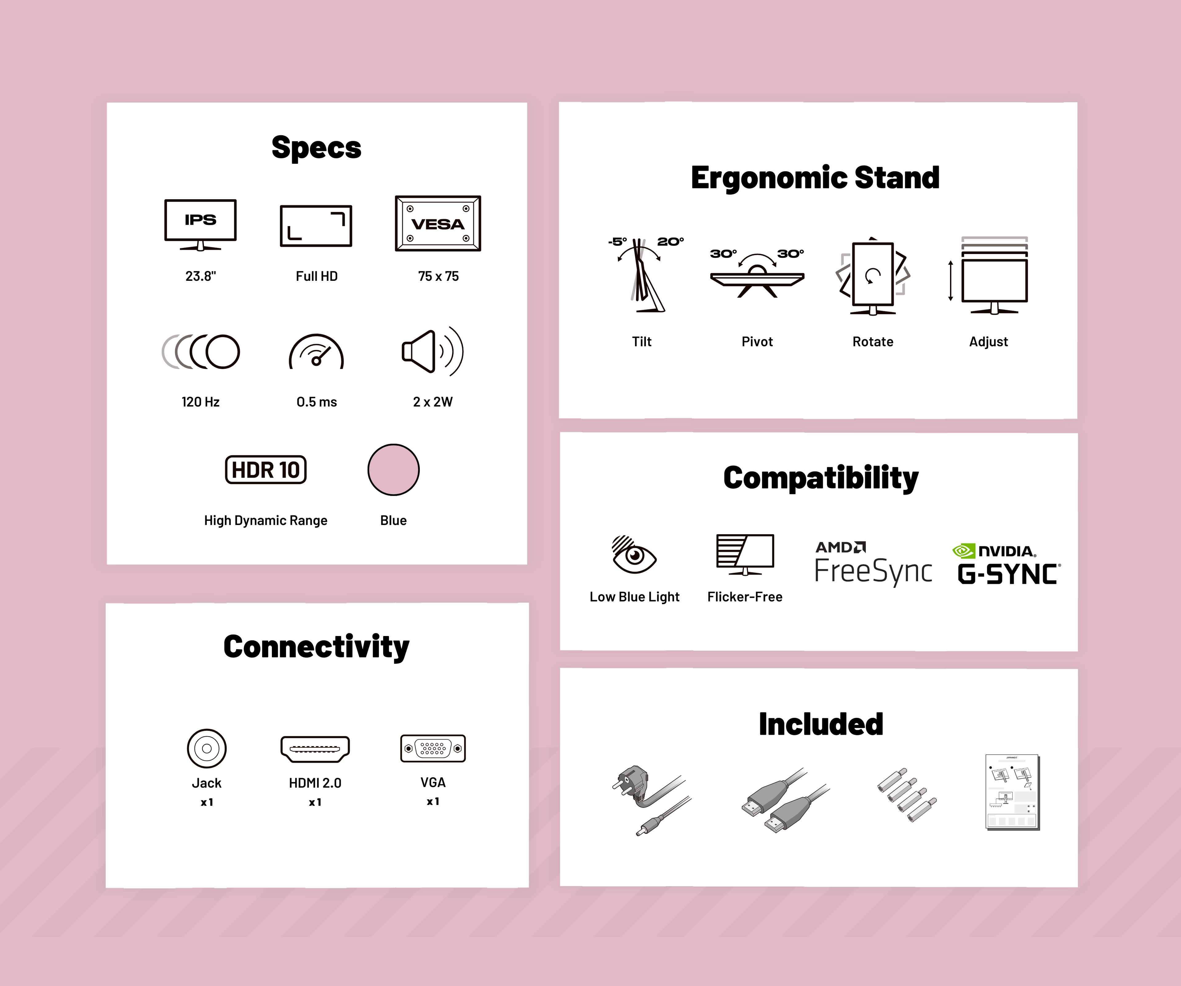 Monitor Gaming | 23,8" | IPS | FHD | 120 Hz | Rosa pastel
