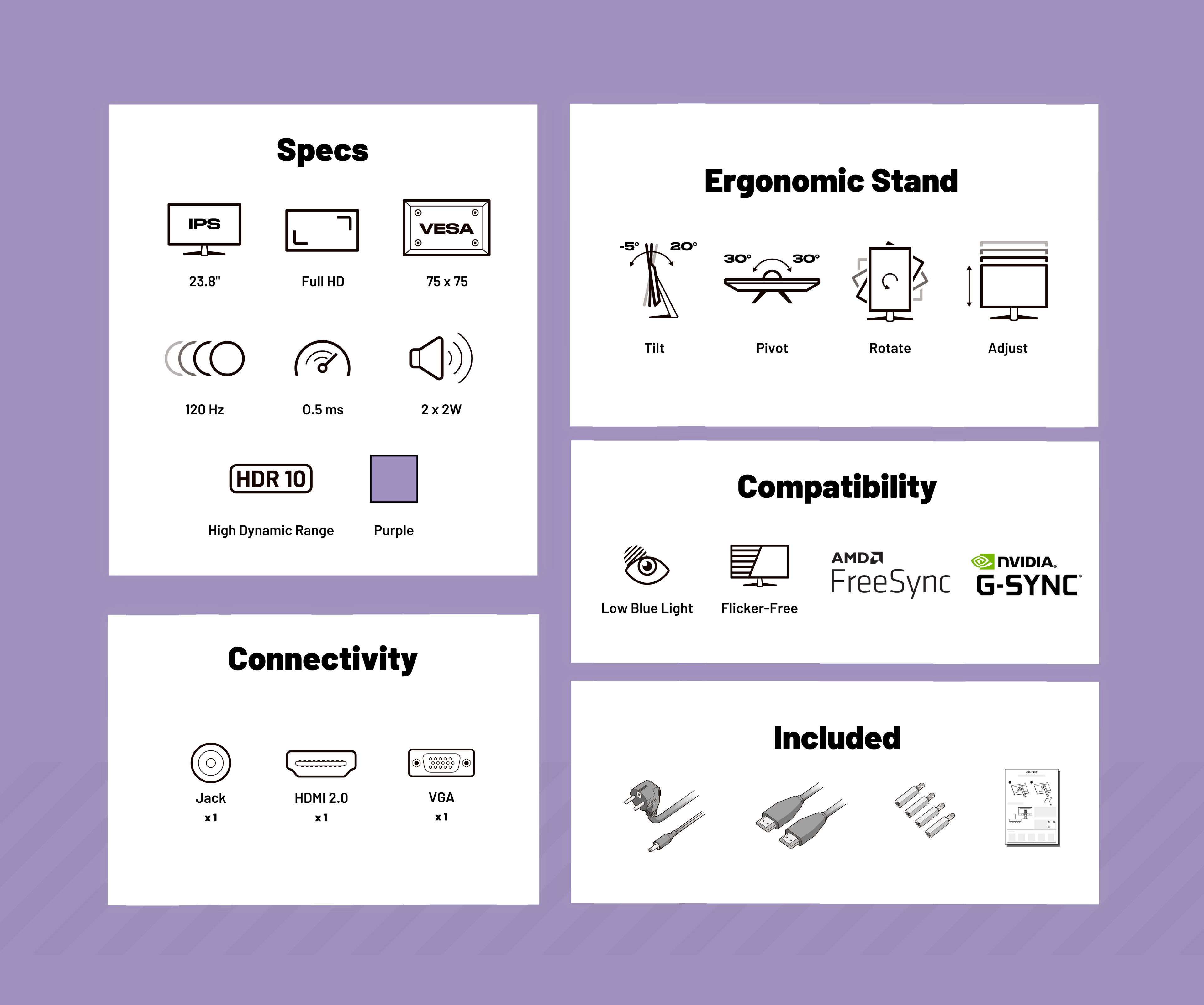 Monitor Gaming | 23,8" | IPS | FHD | 120 Hz | Violeta pastel