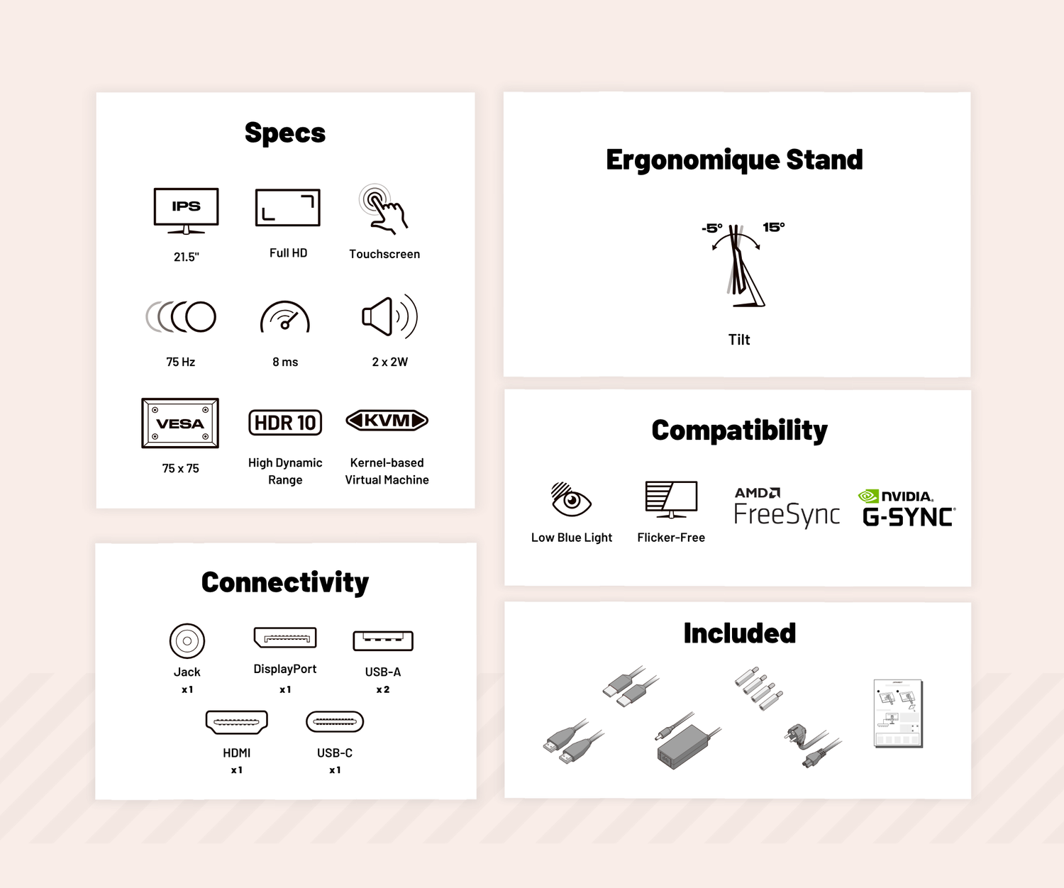 Monitor para oficina | 21,5&quot; | FHD | Táctil | USB | KVM