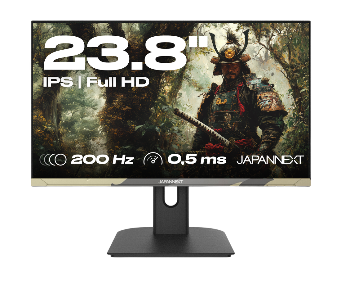 Écran PC gaming Japannext 23,8 pouces Full HD IPS 200 Hz, finition camouflage, pied réglable