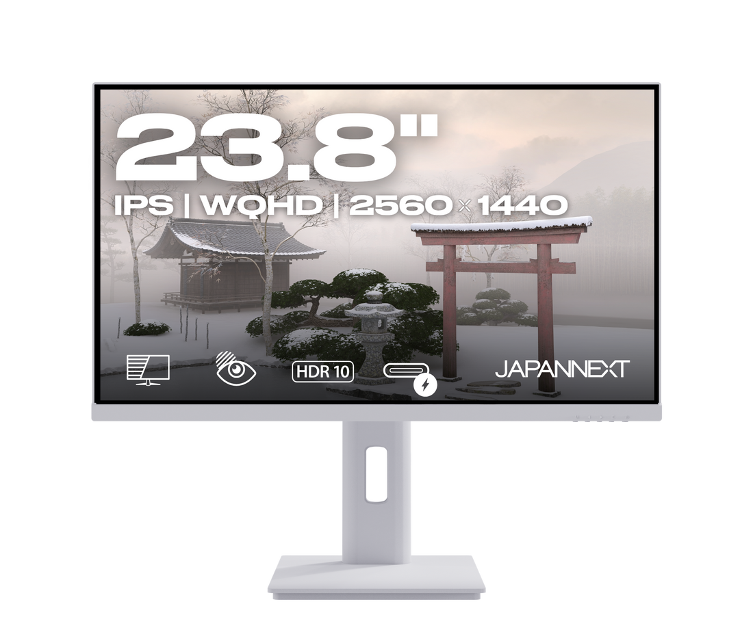 Écran PC bureautique Japannext 23,8 pouces 2K WQHD IPS, blanc sur pied réglable, USB-C