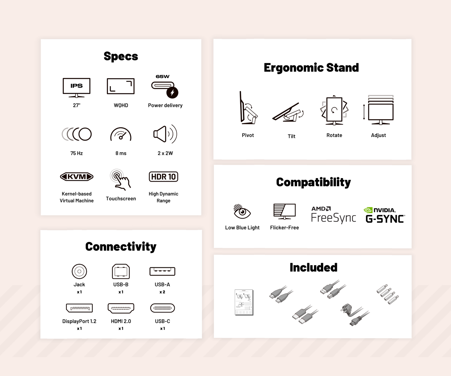 Monitor para oficina | 27&quot; | WQHD | Táctil | USB-C (+carga de 65W) | KVM | Blanco