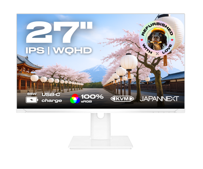 Écran PC bureautique Japannext 27 pouces 2K WQHD IPS reconditionné, blanc sur pied assorti, USB-C 65 W et KVM